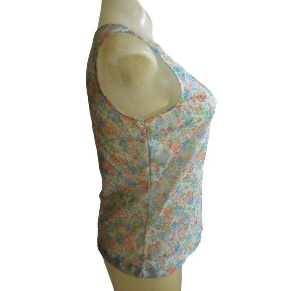 Vintage Women's Tank Top Medium 1970's Sheer Nylon Pink/Blue Flowers Stretch Med - Picture 3 of 7